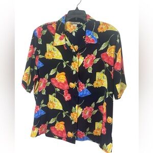 Notations Women’s 20W black with bold bright colorful floral vintage retro top